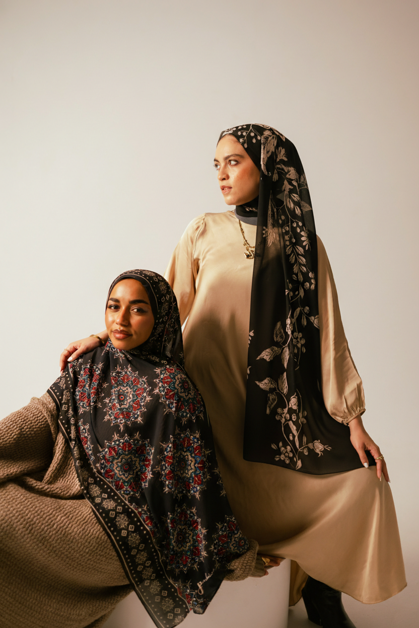 Two Models Wearing Andalusia Hijab and Petal Shadows Hijab
