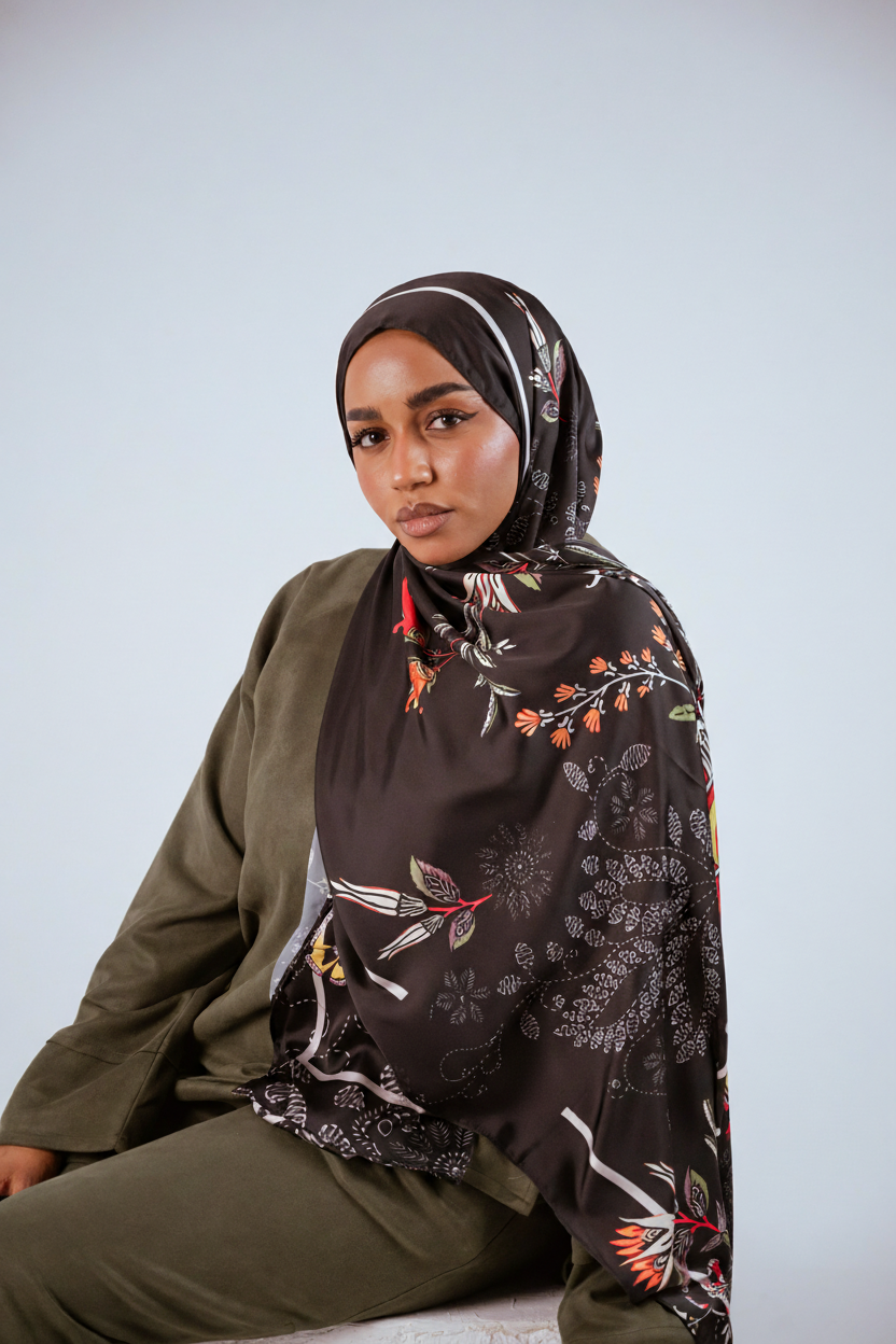 Model posing in the Scarlet of Granada satin hijab, focusing on the draped fabric and artistic red-and-orange floral design.