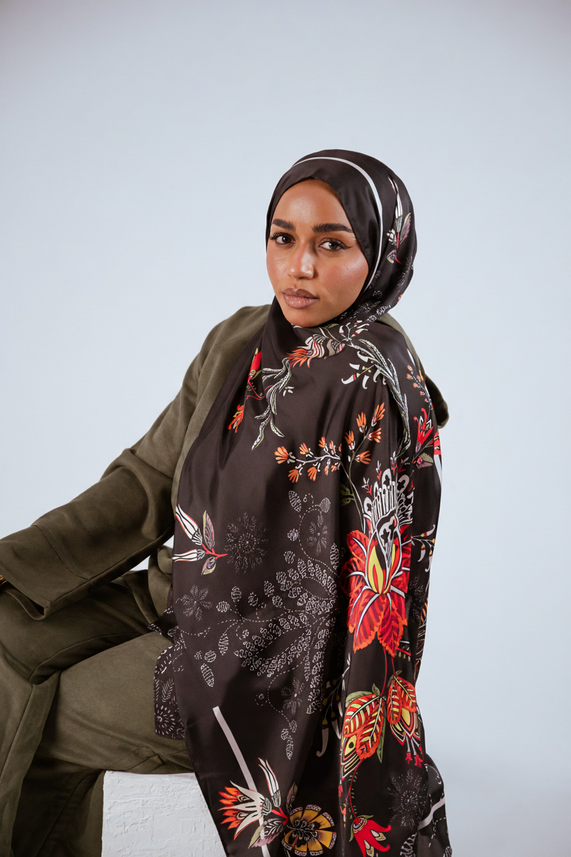 Front-facing portrait of model wearing the Scarlet of Granada satin hijab, showcasing its rich colours and botanical detailing.