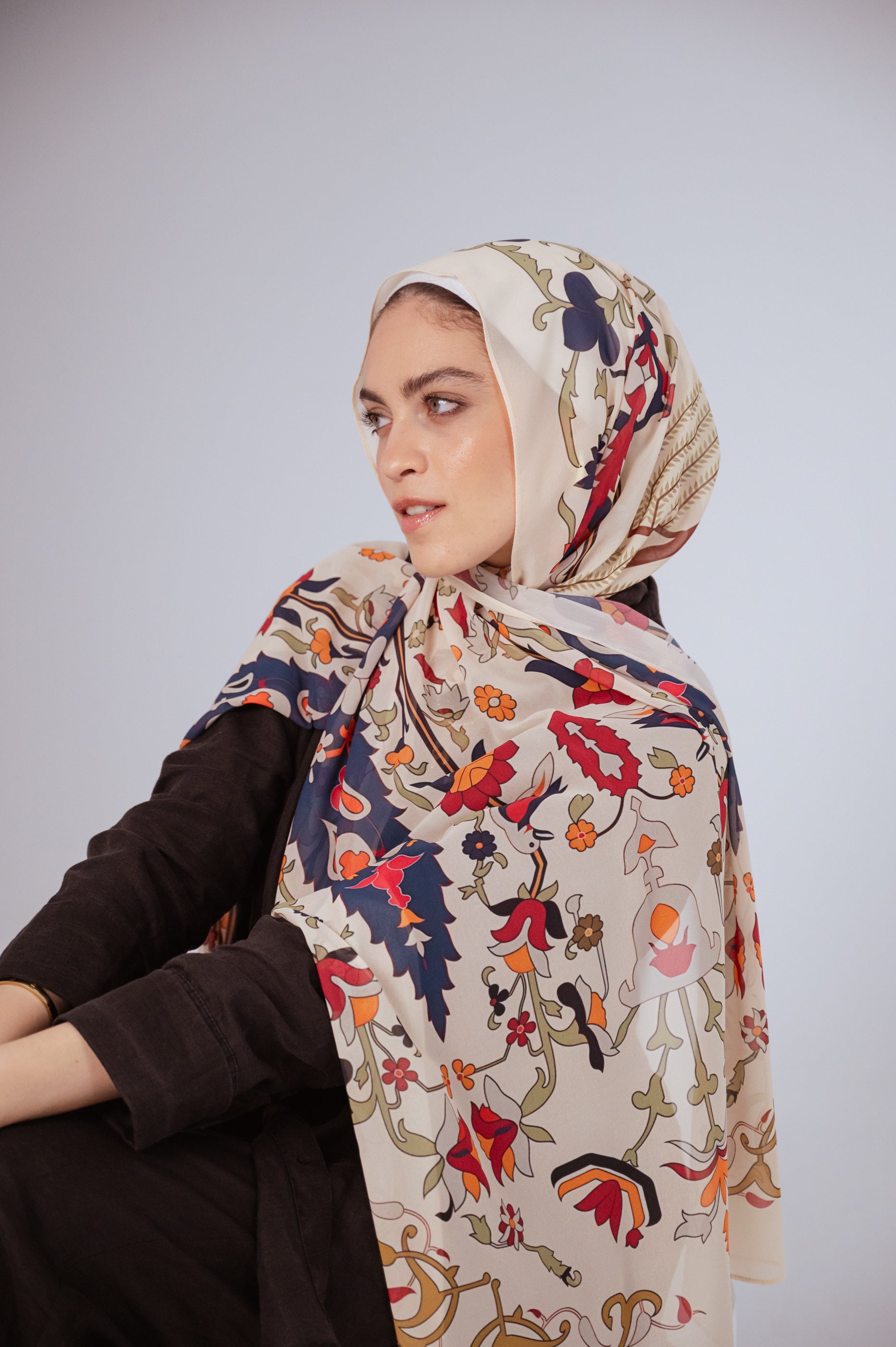 Side view of Andalus Drape hijab showing Andalusian floral pattern