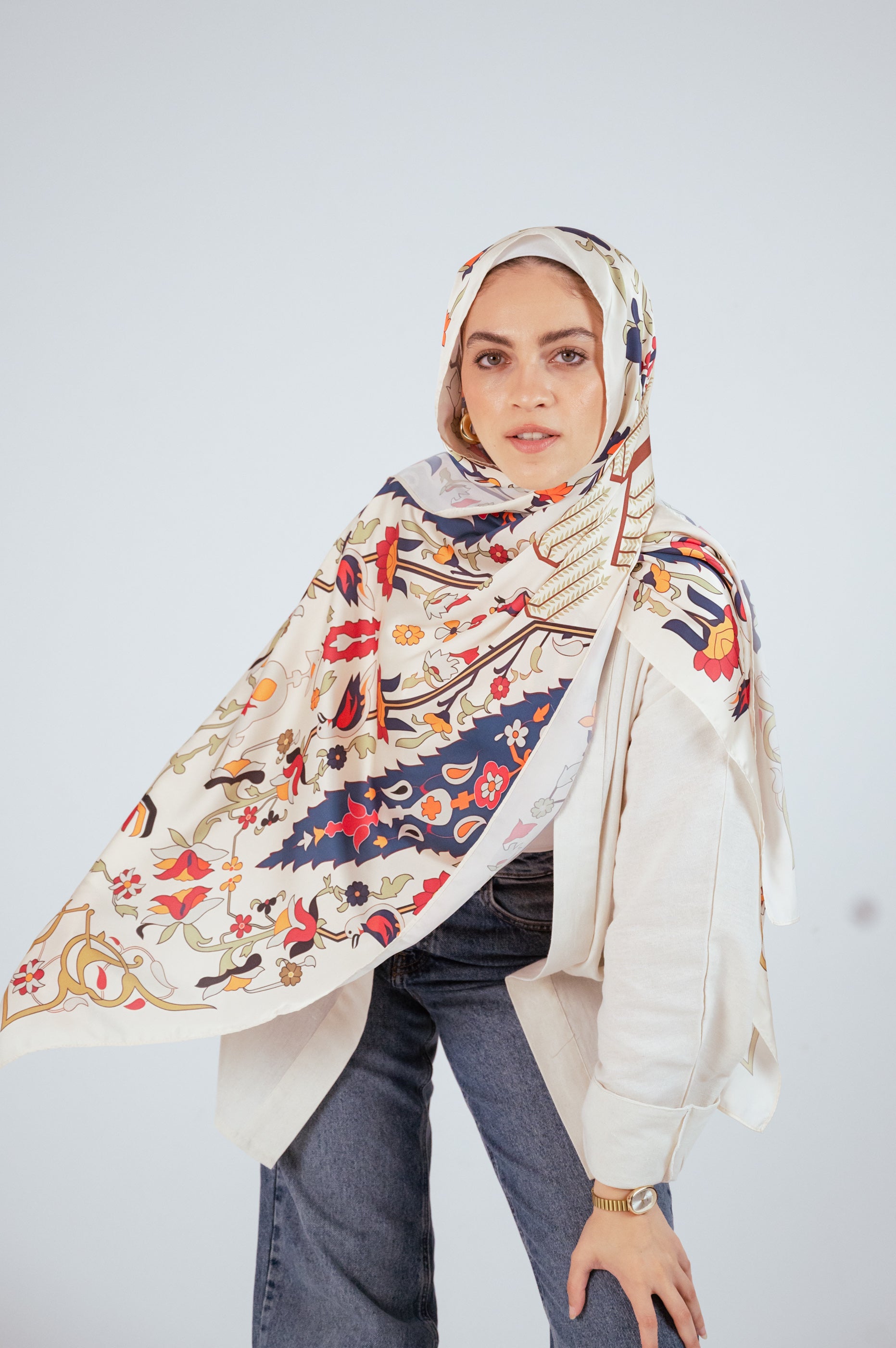 Close-up of the Andalus Satin Hijab fabric showing detailed Andalusian-inspired motifs