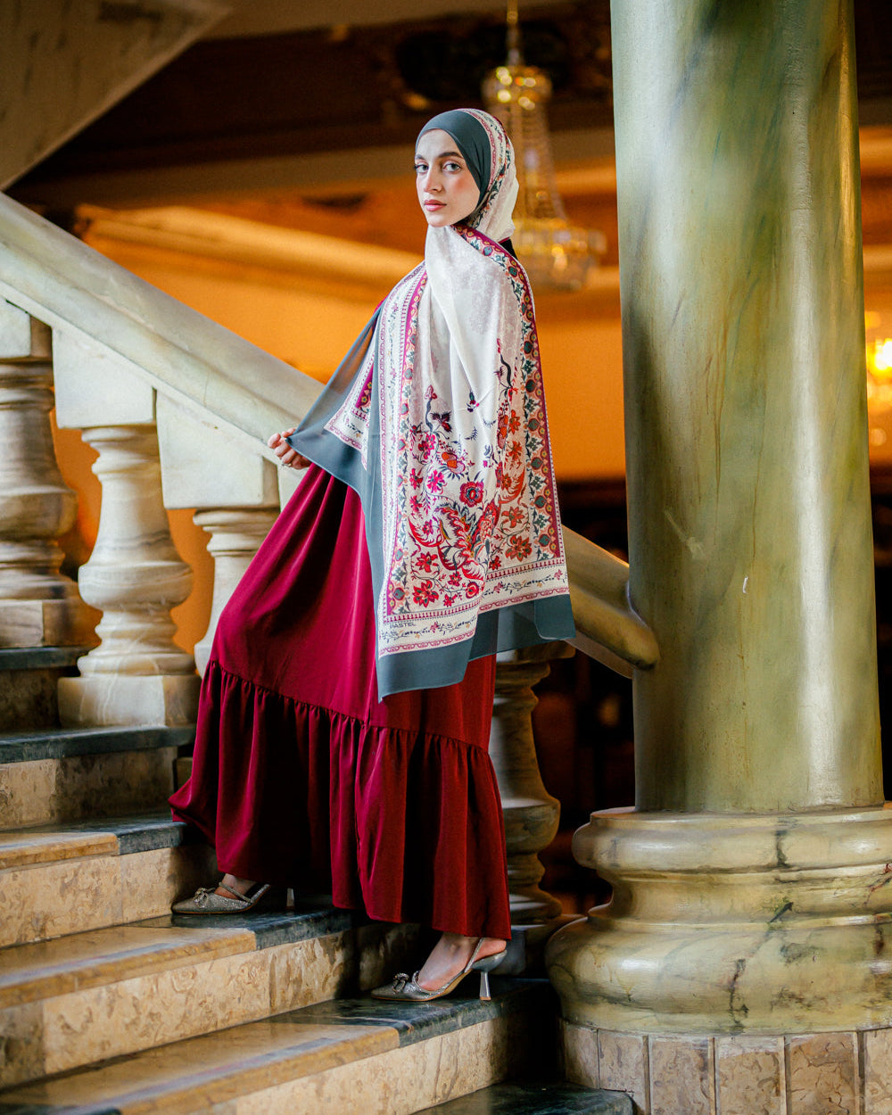 Side View of Arabesque Bloom Hijab – Ivory and Plum Arabesque Print