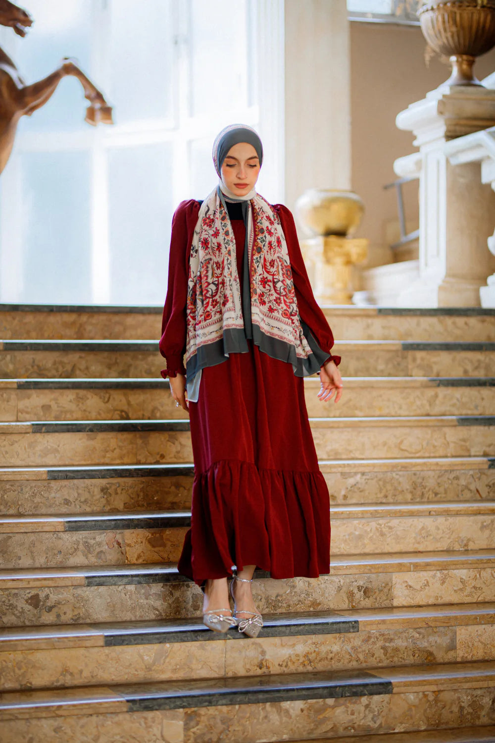 Arabesque Bloom Luxury Chiffon Hijab – Ivory with Berry and Grey Floral Pattern