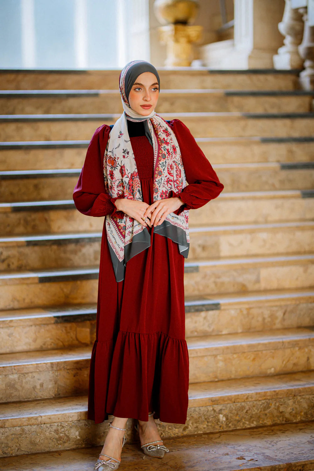 Arabesque Bloom Luxury Chiffon Hijab – Ivory with Berry and Grey Floral Pattern