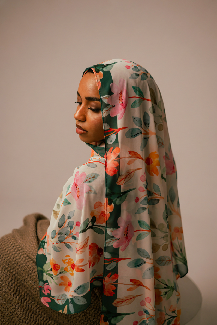 Full back view of the Blooms of Hope chiffon hijab emphasizing the watercolor floral artwork and airy fall.
