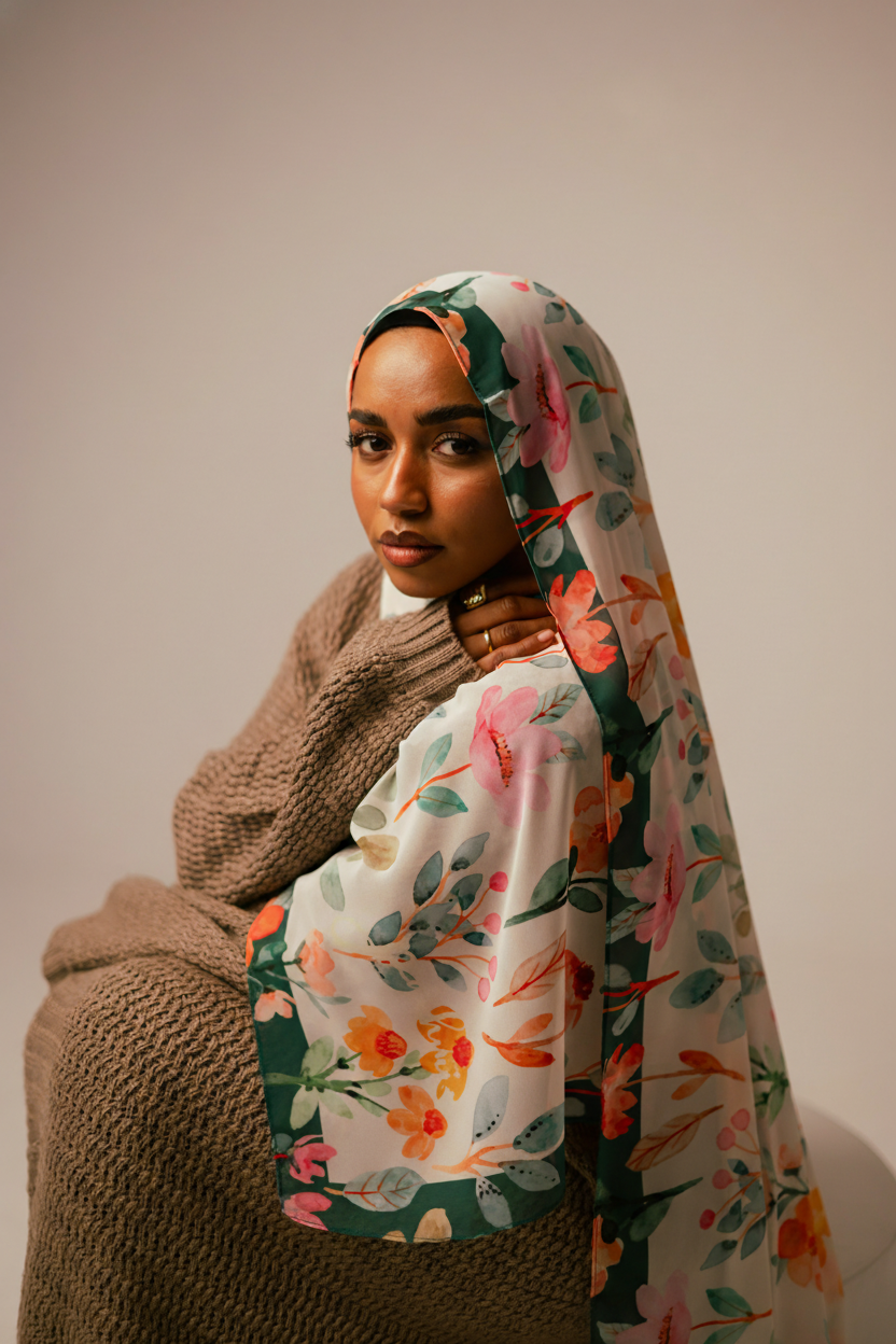 Seated pose showcasing the Blooms of Hope chiffon hijab wrapped around shoulders with vibrant floral print.