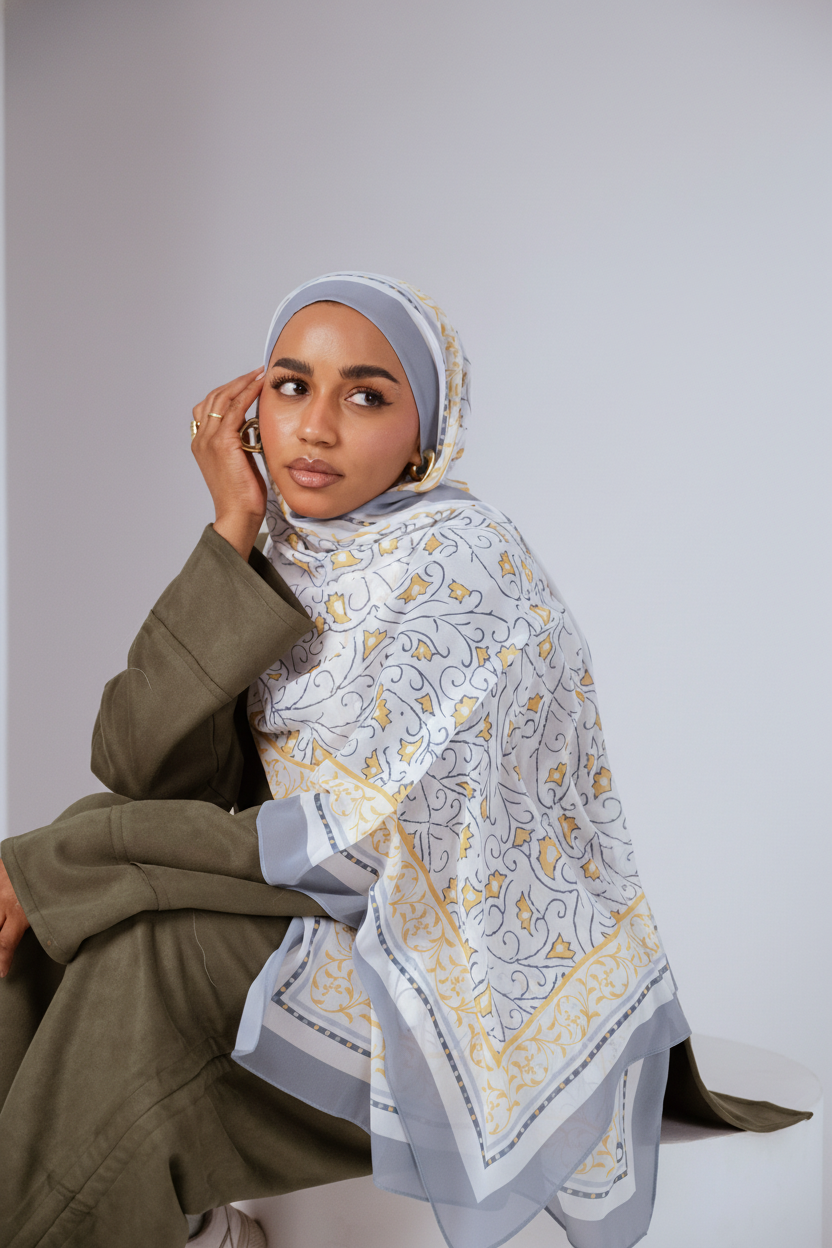 Full view of the Ciel Doré luxury chiffon hijab, showcasing its warm golden gradient and airy drape.