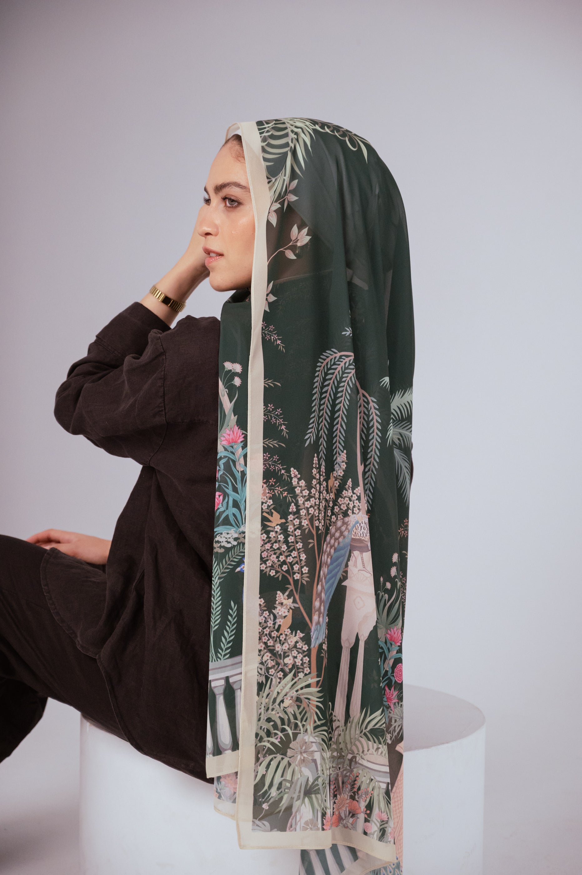 Side view of Emerald Garden chiffon hijab showing ivory arches and floral patterns