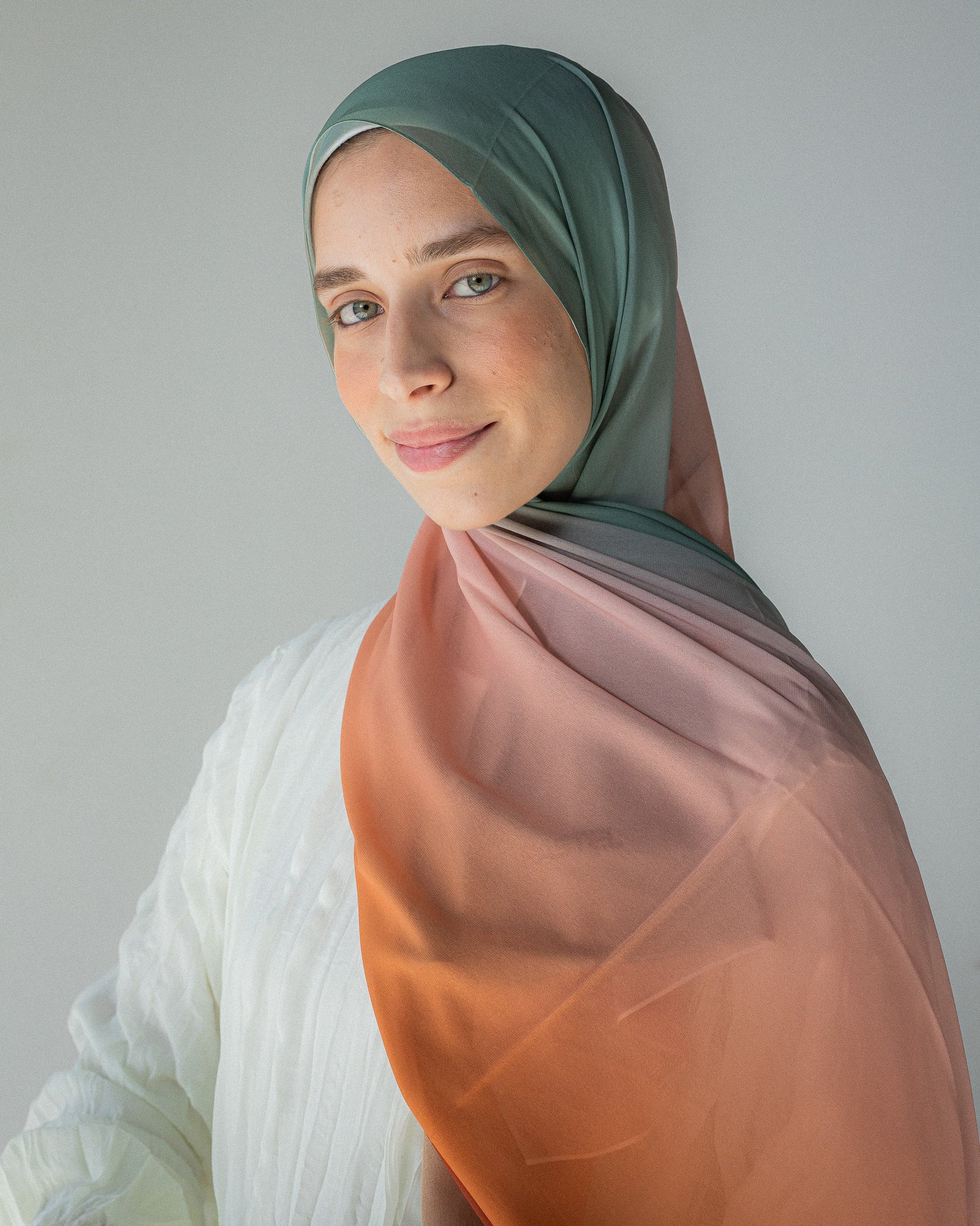 Luxury chiffon hijab in olive and sunset tones