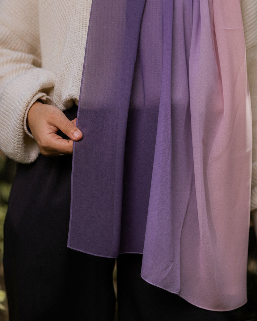 Close-up of Hushed Mauve chiffon fabric – soft gradient detail