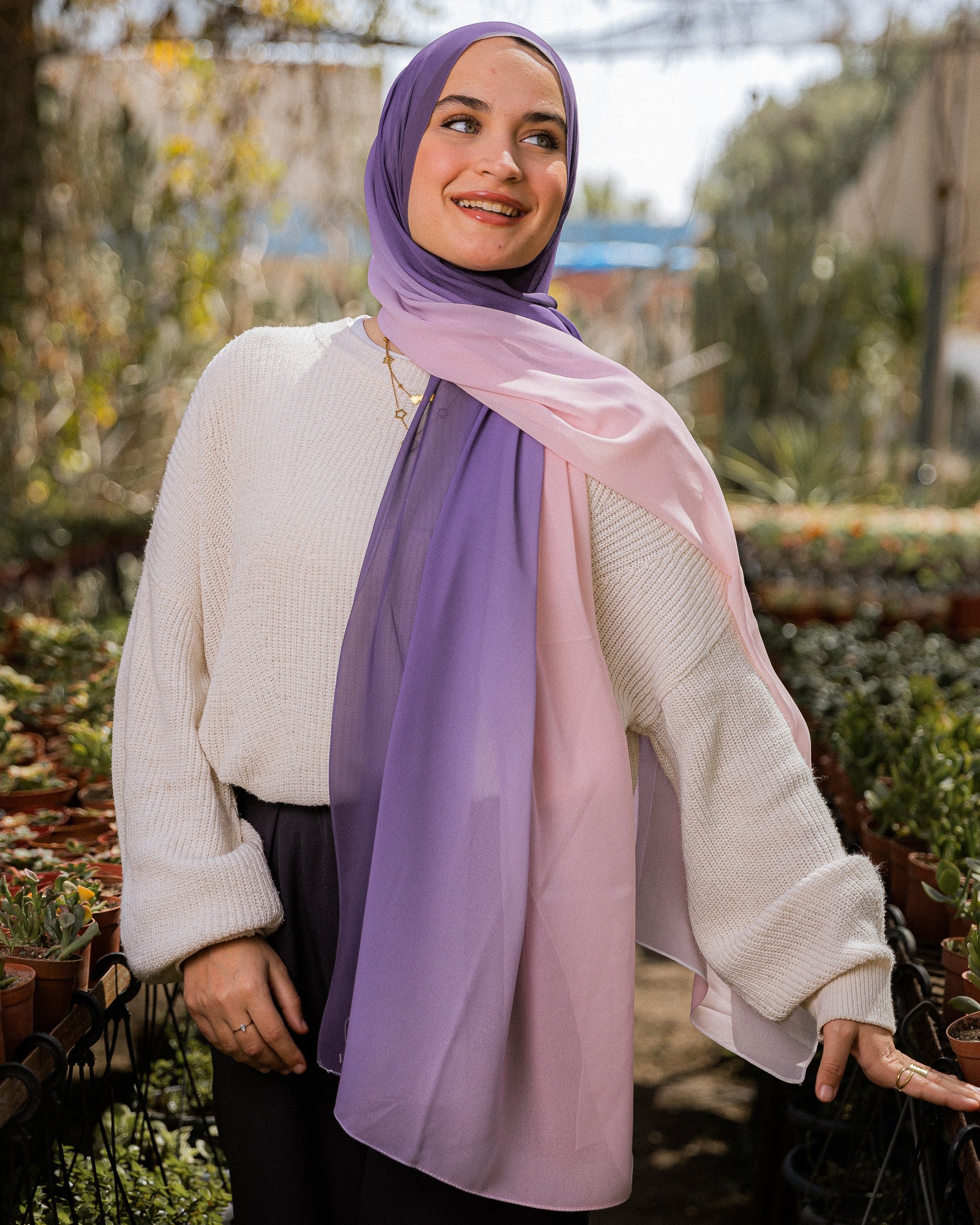 Model wearing Hushed Mauve chiffon hijab – gradient lilac to blush pink tones