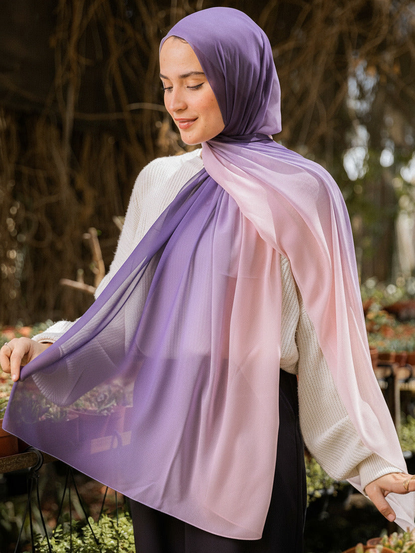 Model wearing Hushed Mauve chiffon hijab – gradient lilac to blush pink tones
