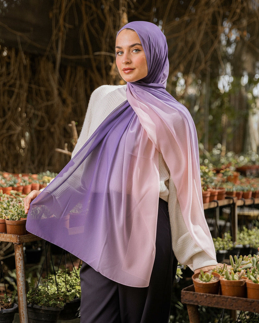 Model wearing Hushed Mauve chiffon hijab – gradient lilac to blush pink tones