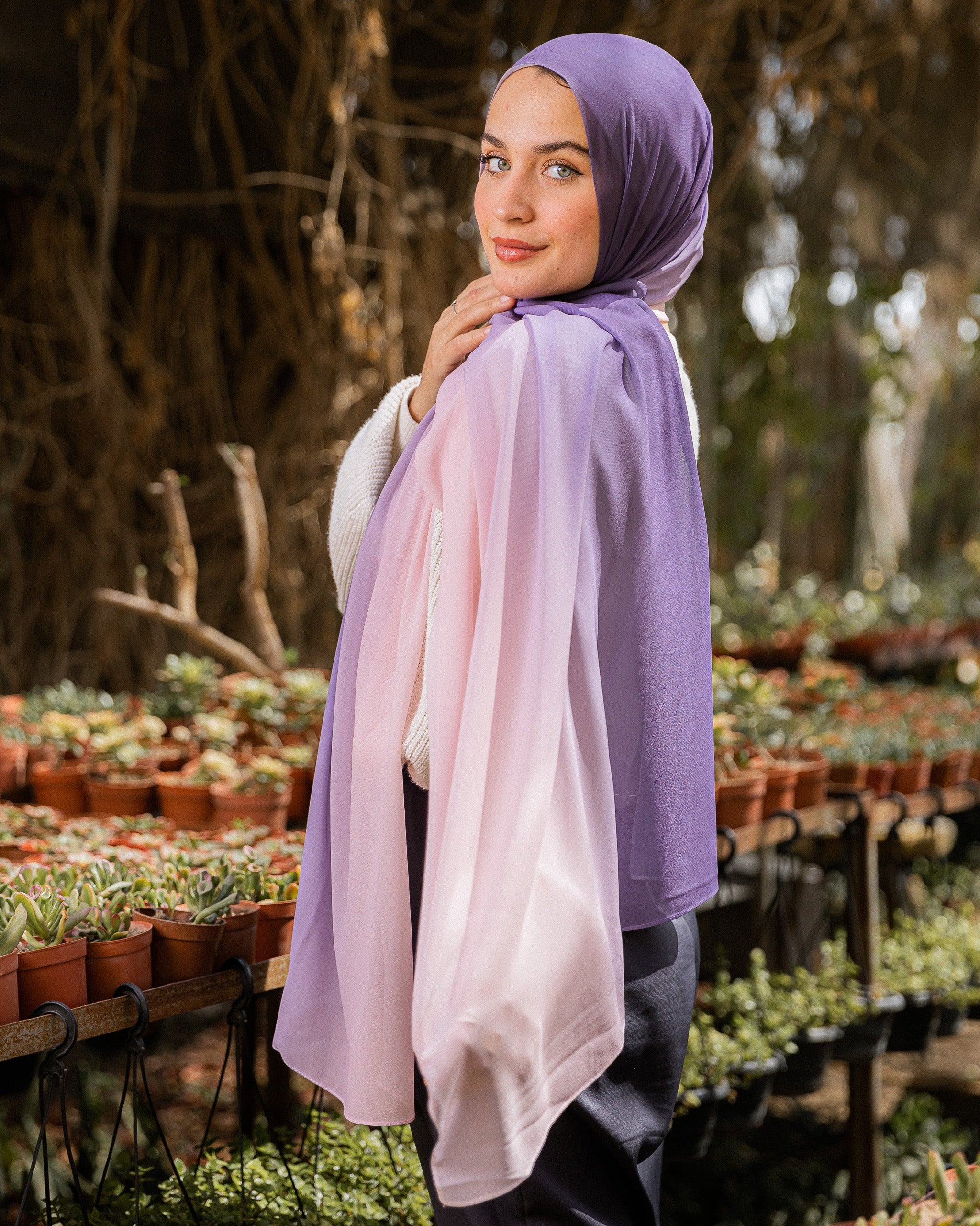 Side view of Hushed Mauve hijab showing ombre drape and texture