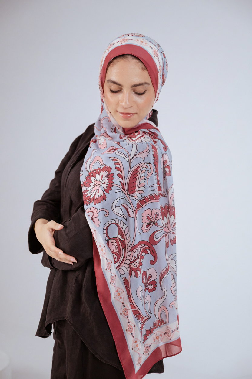 Side drape view of Alhambra Bloom hijab highlighting its airy chiffon texture.