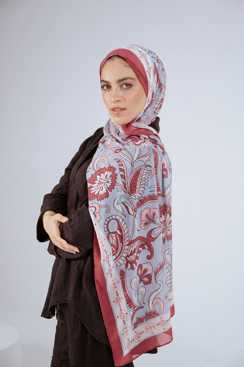 Side drape view of Alhambra Bloom hijab highlighting its airy chiffon texture.
