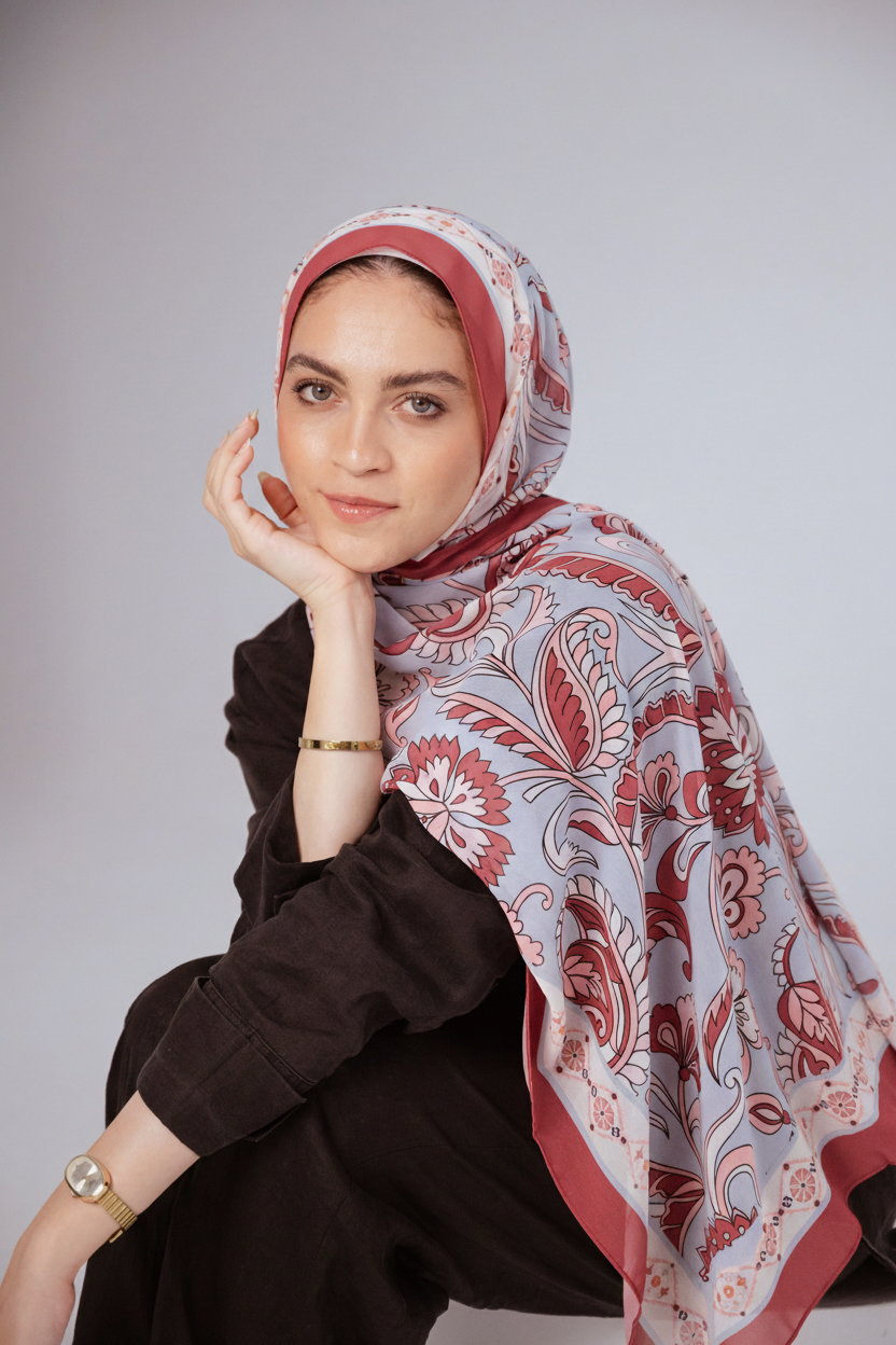 Model wearing Alhambra Bloom luxury chiffon hijab, soft rose and blue print, styled in natural light.