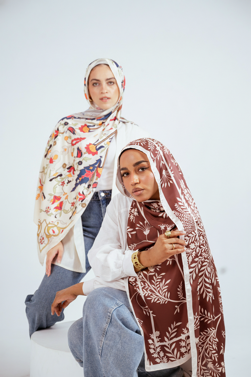 One model seated and one standing while wearing Jaida’s Andalus Drape Satin and Rose of Petra Satin hijabs.