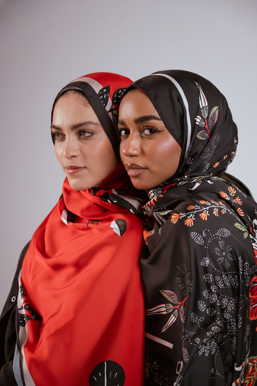 Two JAIDA satin hijabs styled together — Bold Botanica’s bold red print beside Scarlet of Granada’s black floral design.