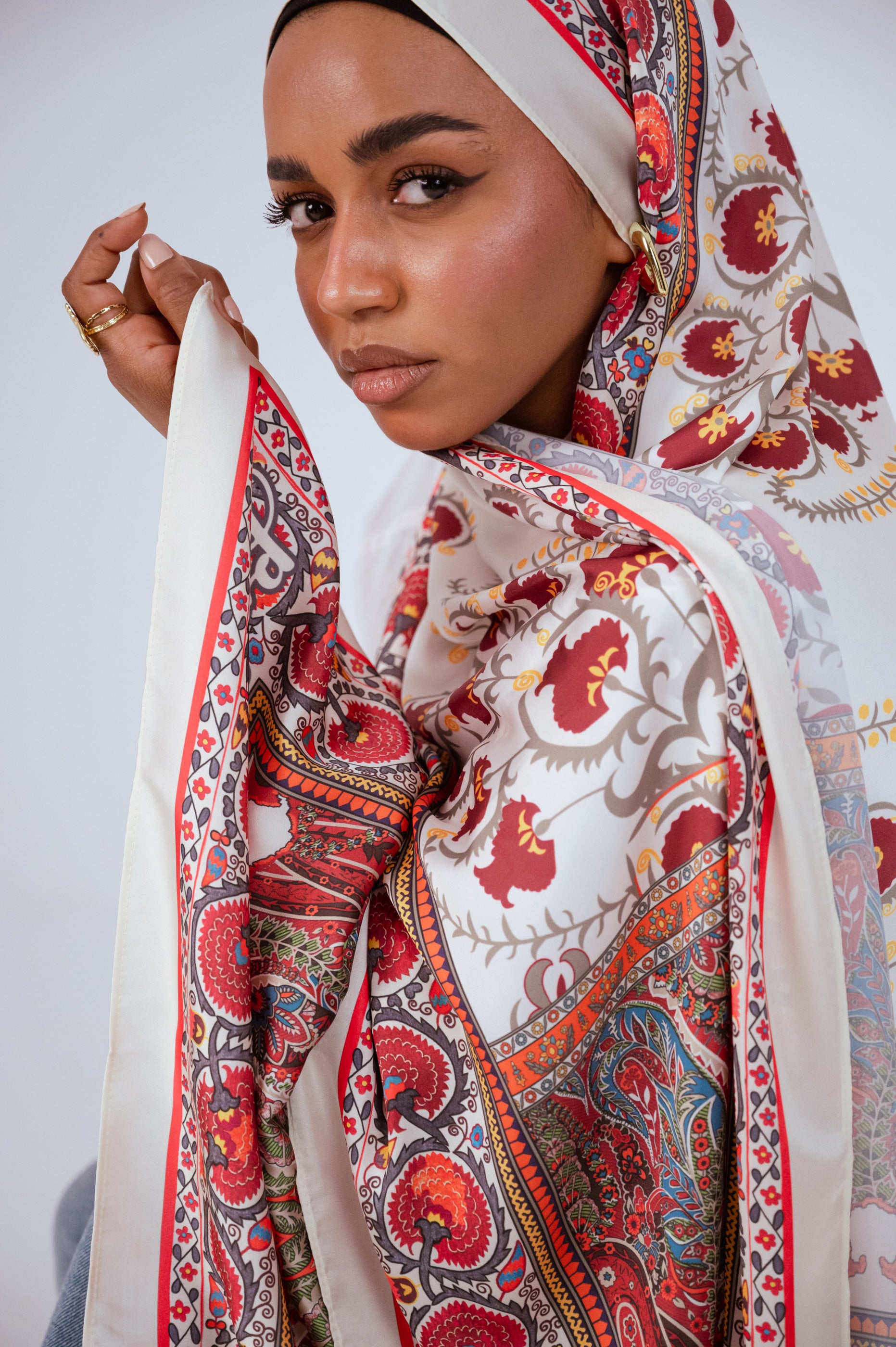 Close-up of paisley embroidery-inspired print on Cairo Nights Satin Hijab