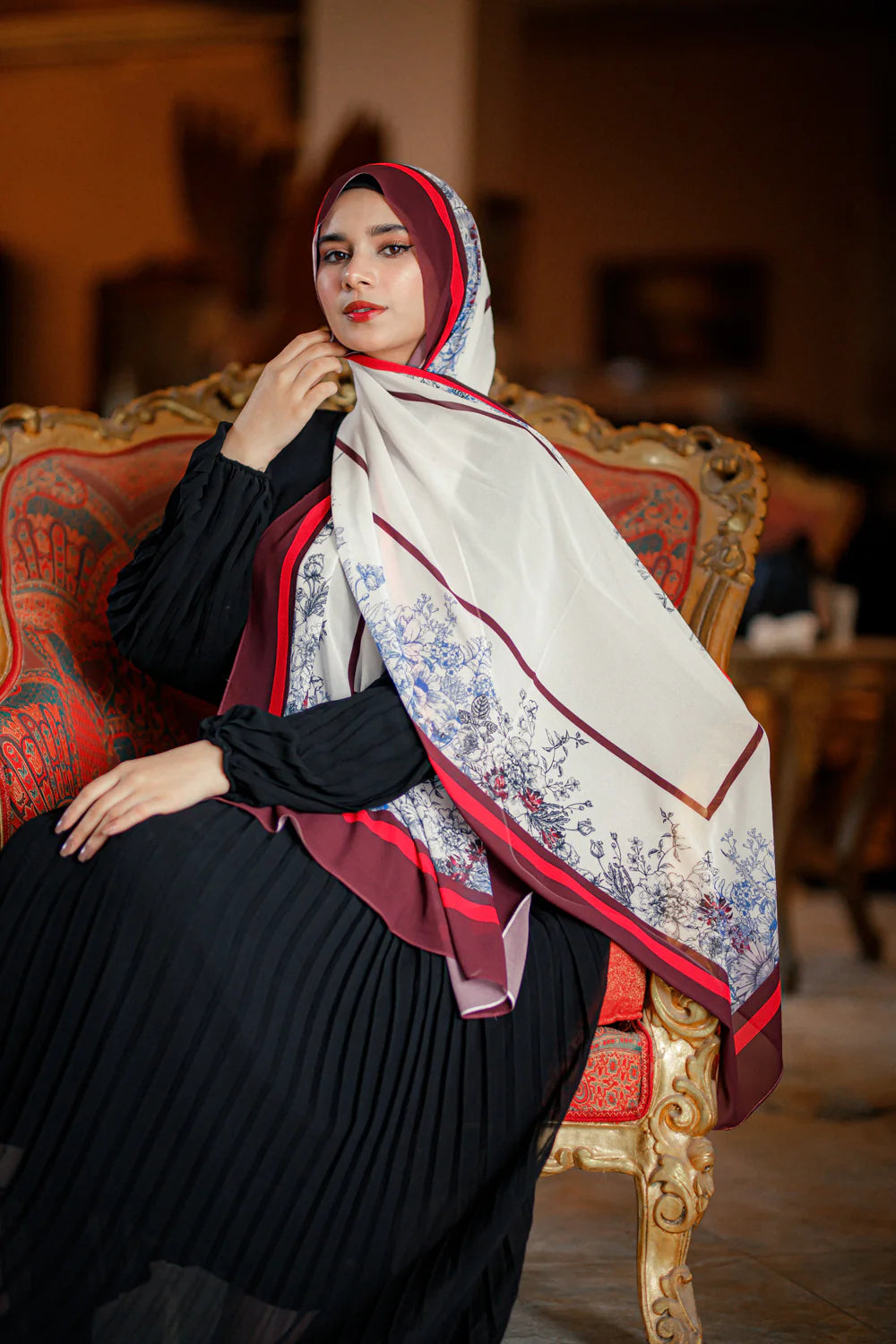 Jaida Chateau Rouge chiffon hijab styled with black modest outfit