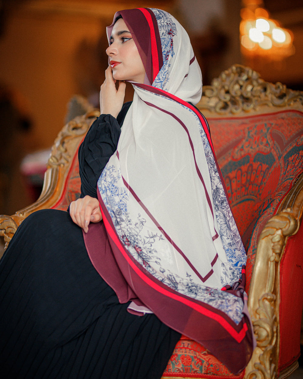 Jaida Chateau Rouge chiffon hijab styled with black modest outfit