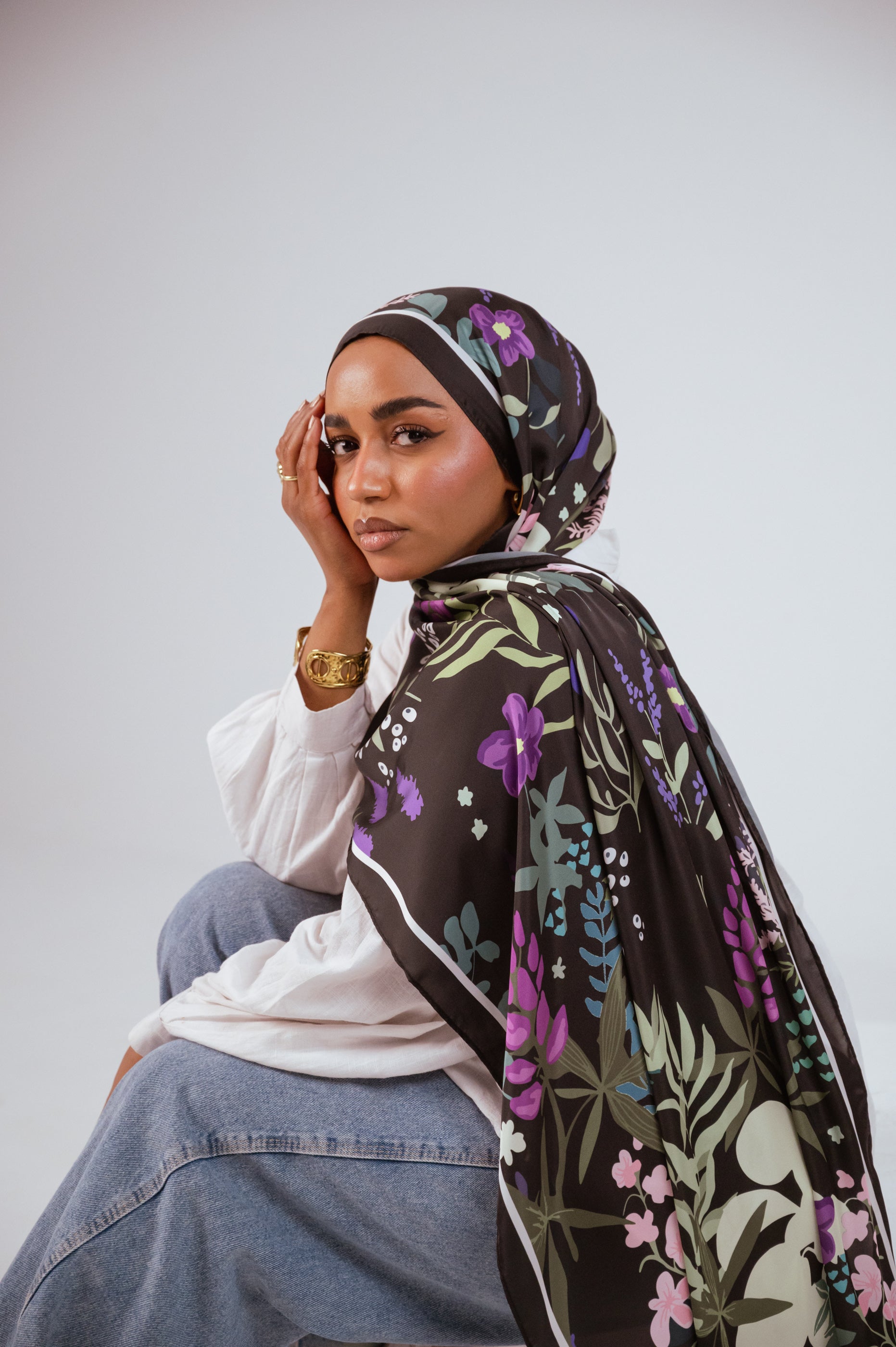 Close-up of Garden of Whispers satin hijab floral details