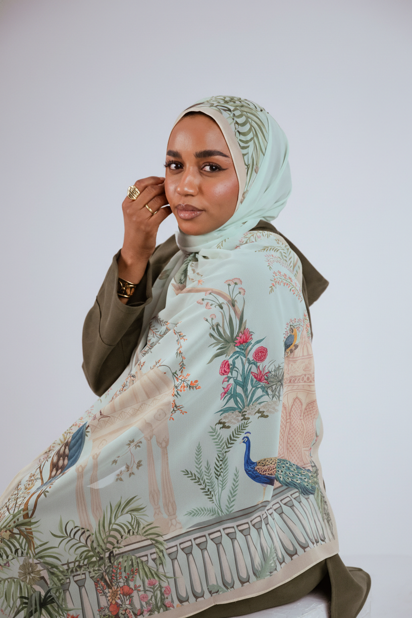 Model wearing Palais de Paon luxury chiffon hijab – mint peacock print by Jaida