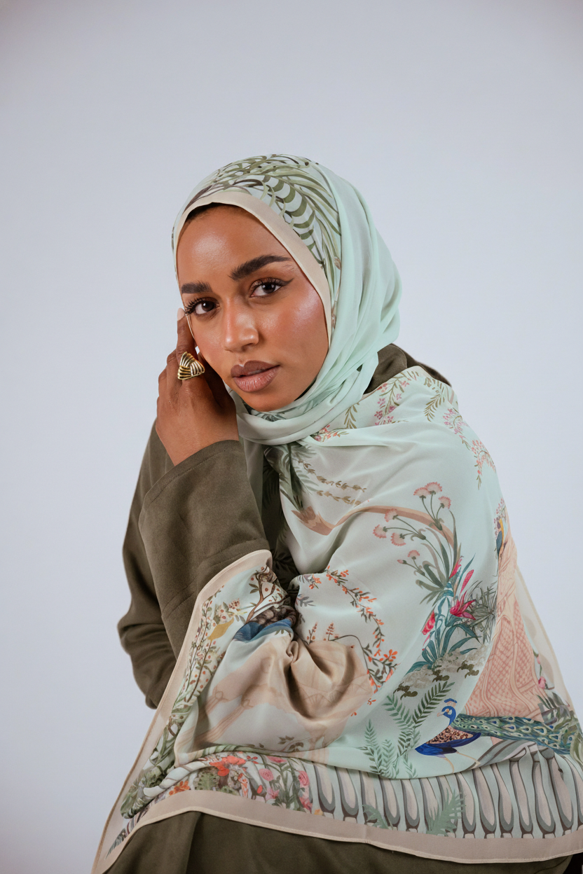 Model wearing Palais de Paon luxury chiffon hijab – mint peacock print by Jaida