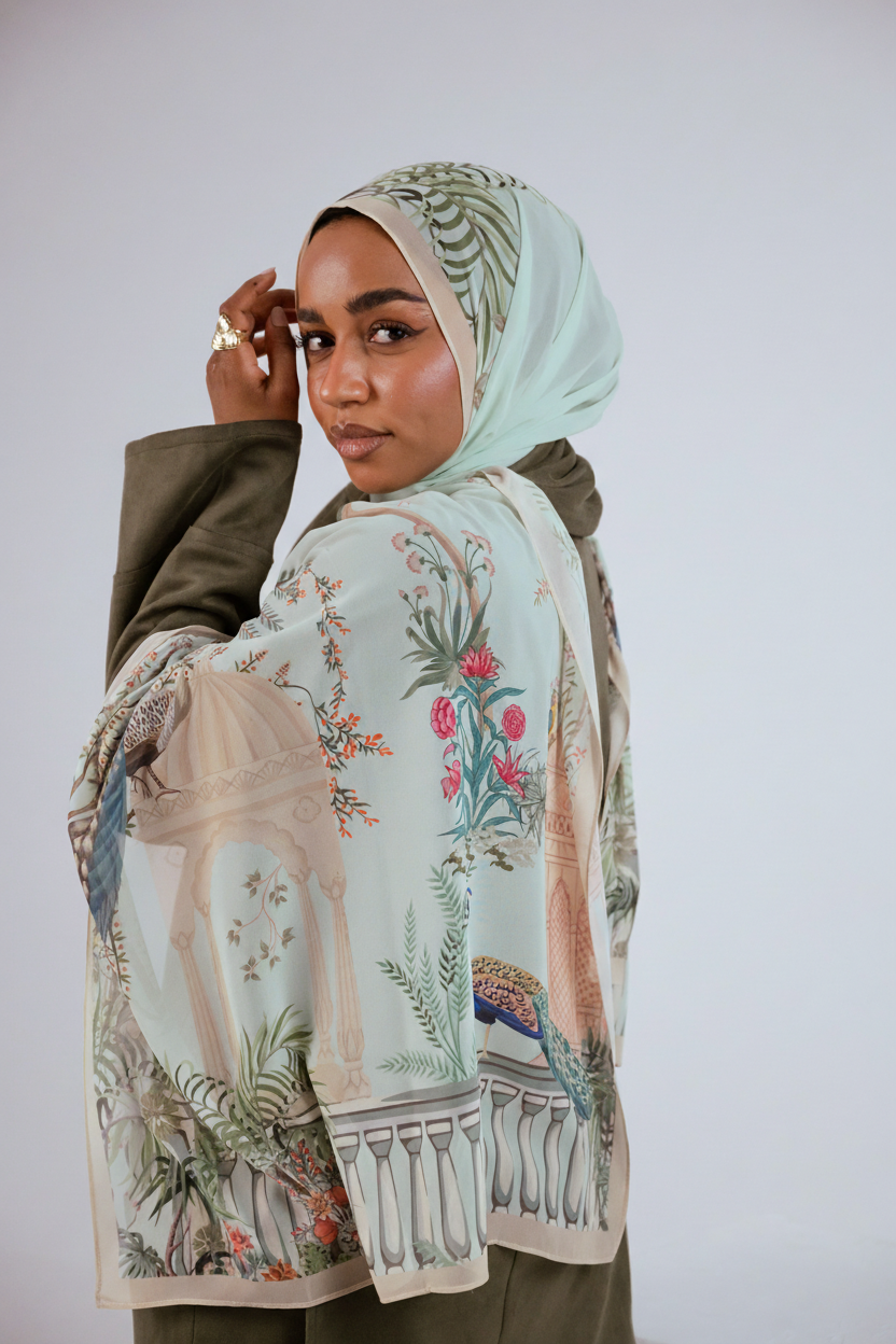 Model wearing Palais de Paon luxury chiffon hijab – mint peacock print by Jaida