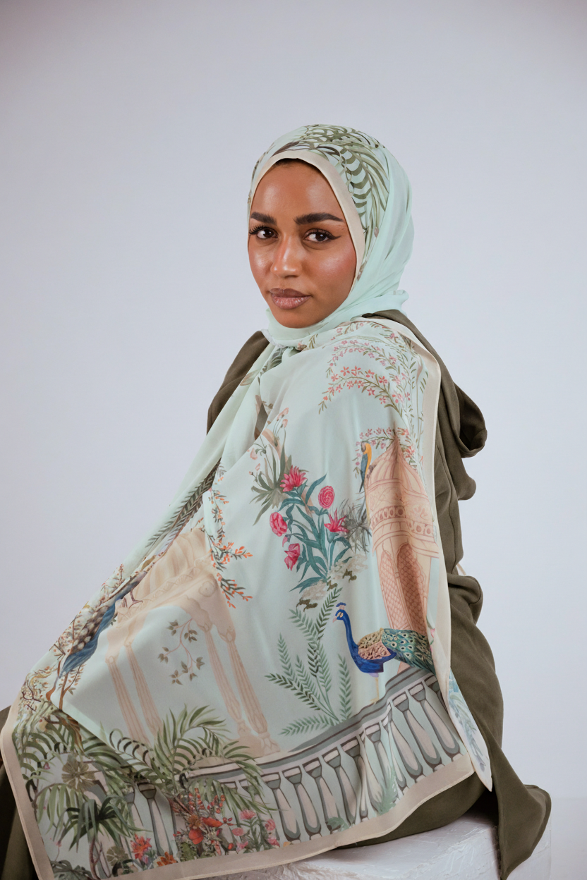 Model wearing Palais de Paon luxury chiffon hijab – mint peacock print by Jaida