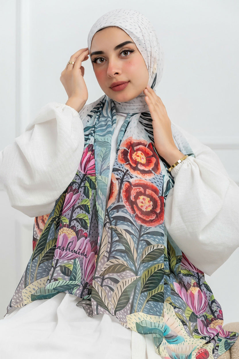 Model wearing Jardin de Lumière luxury chiffon hijab with soft ivory base and floral design – front view