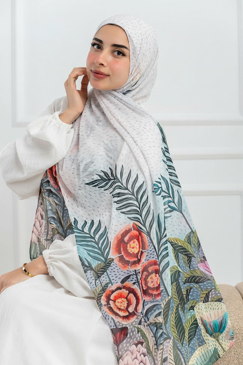 Side view of Jardin de Lumière hijab highlighting soft drape and airy chiffon texture
