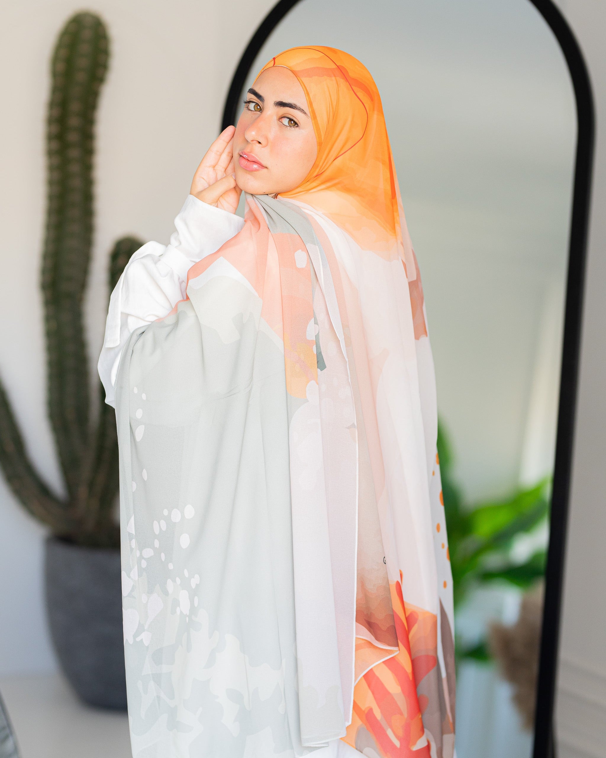 Maple Moon Luxury Chiffon Hijab – Warm Sage and Orange Print