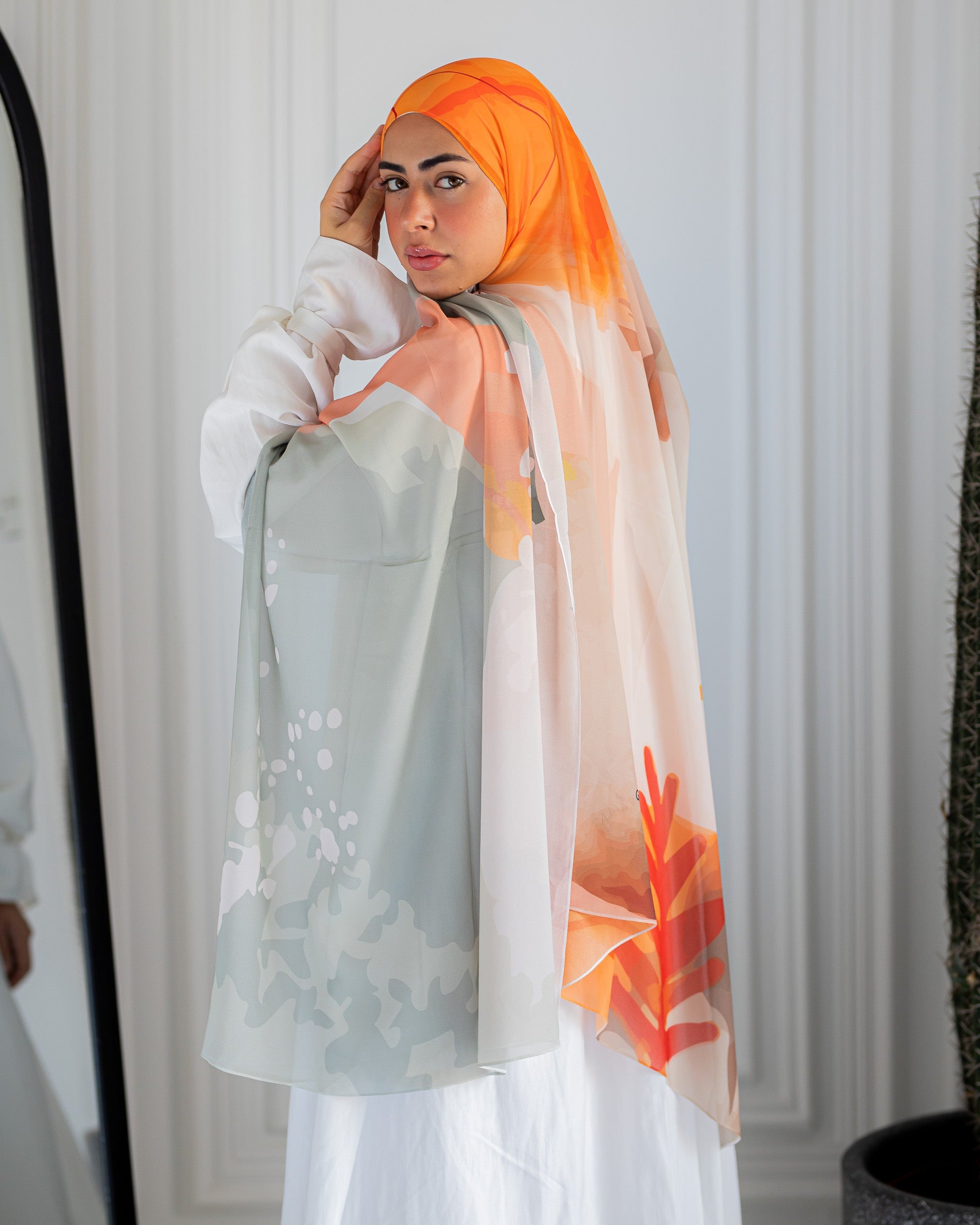 Maple Moon Luxury Chiffon Hijab – Warm Sage and Orange Print