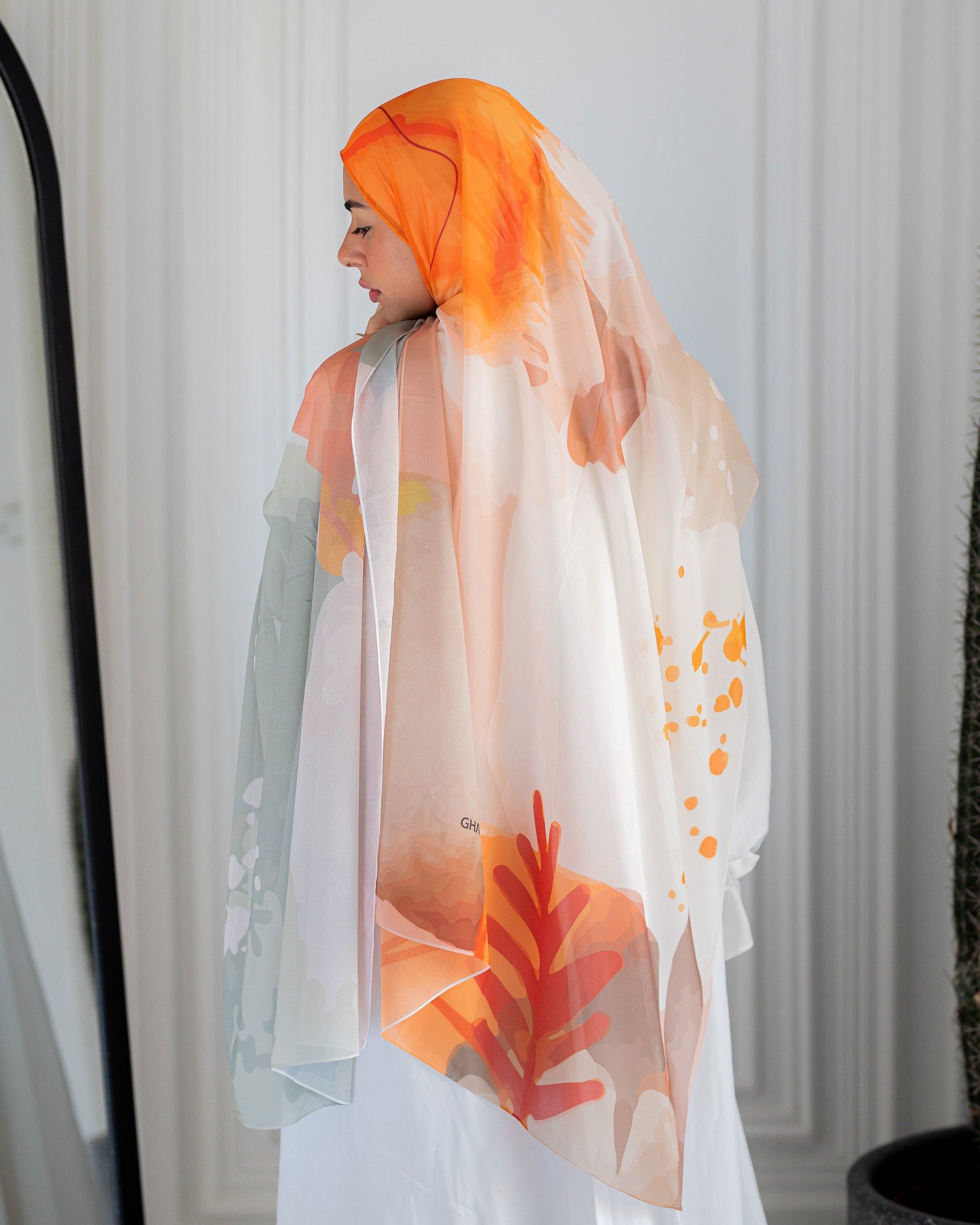 Maple Moon Luxury Chiffon Hijab – Warm Sage and Orange Print