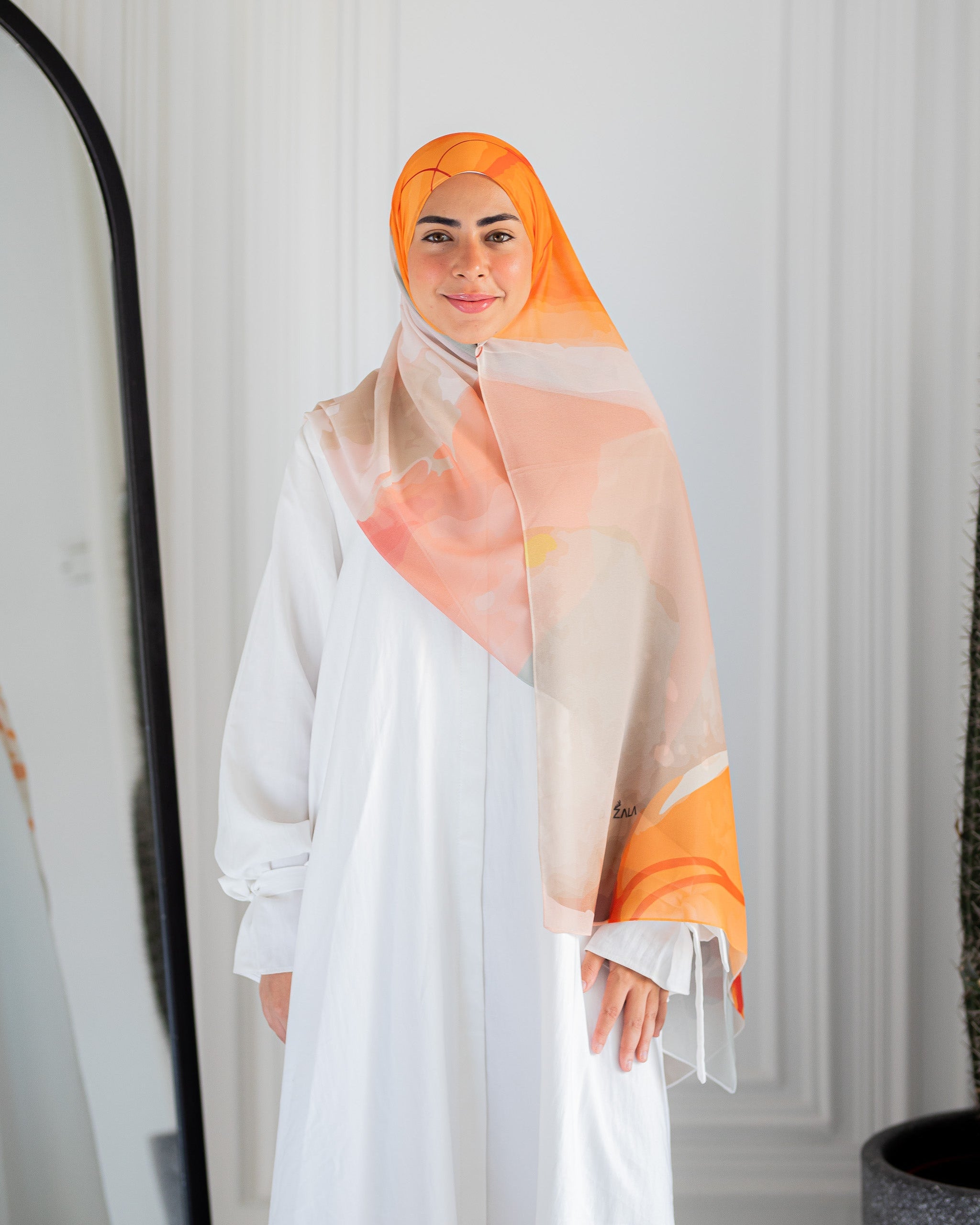 Maple Moon Luxury Chiffon Hijab – Warm Sage and Orange Print