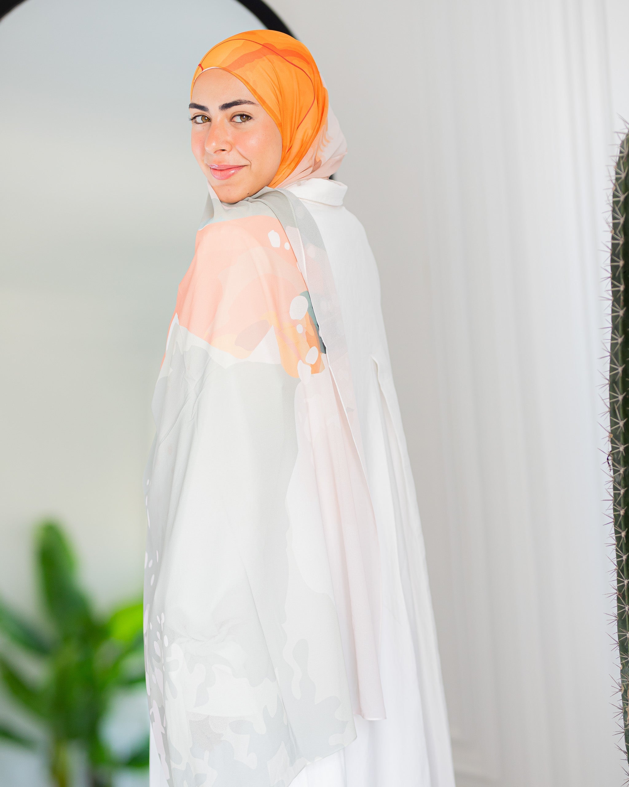 Maple Moon Luxury Chiffon Hijab – Warm Sage and Orange Print