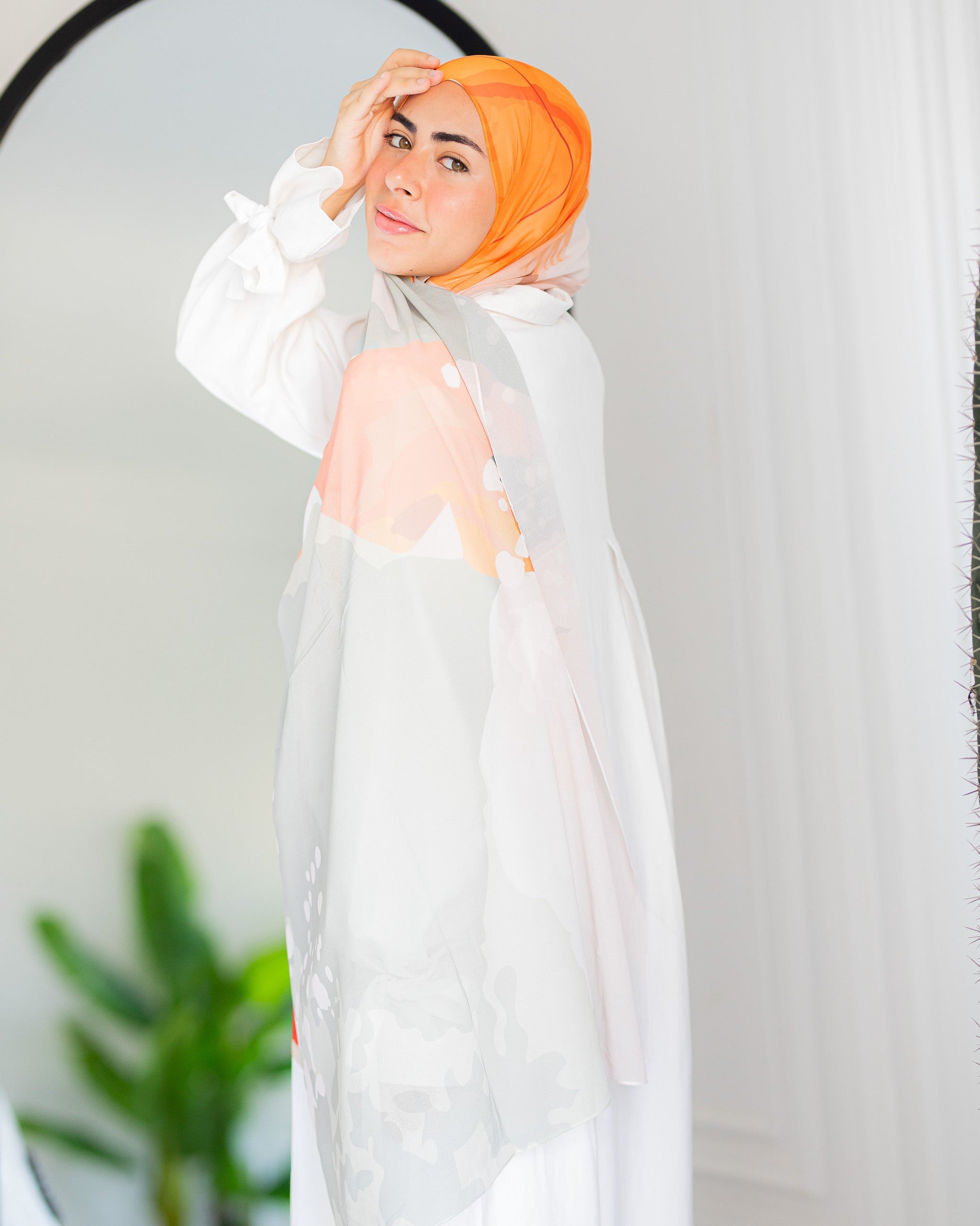 Maple Moon Luxury Chiffon Hijab – Warm Sage and Orange Print