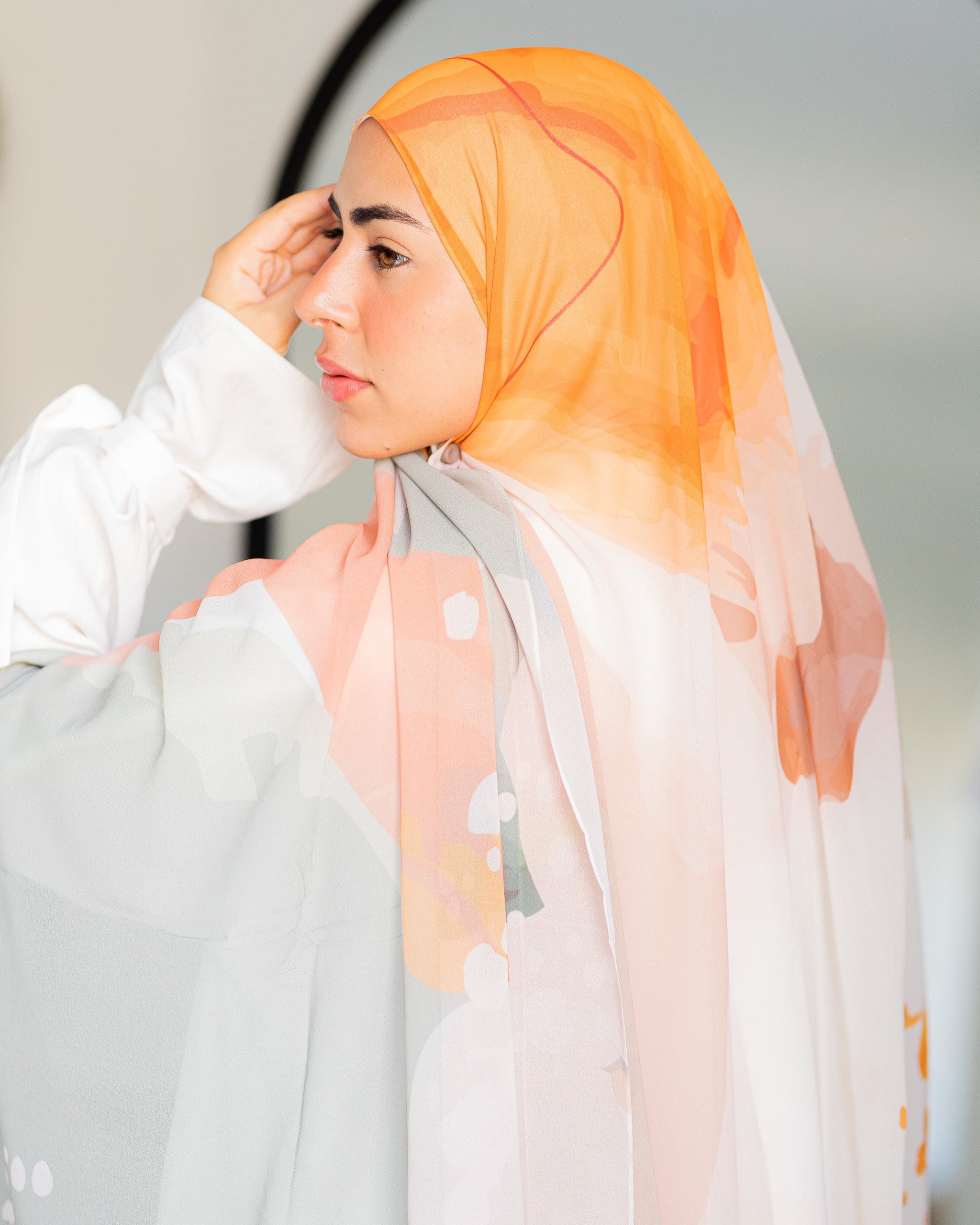 Maple Moon Luxury Chiffon Hijab – Warm Sage and Orange Print