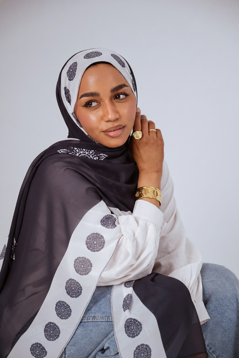 Model wearing the Midnight Mandala chiffon hijab in charcoal and white, front close-up view.