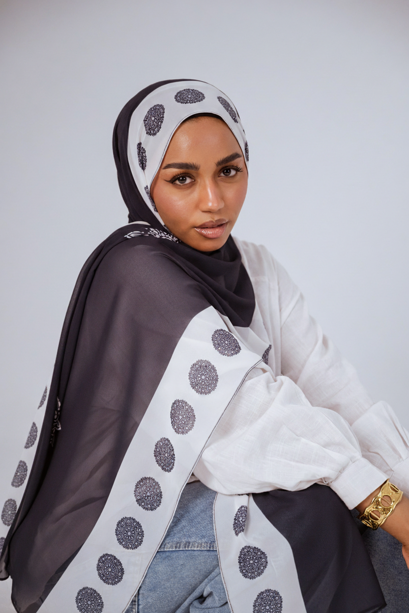 Model wearing the Midnight Mandala chiffon hijab in charcoal and white, front close-up view.