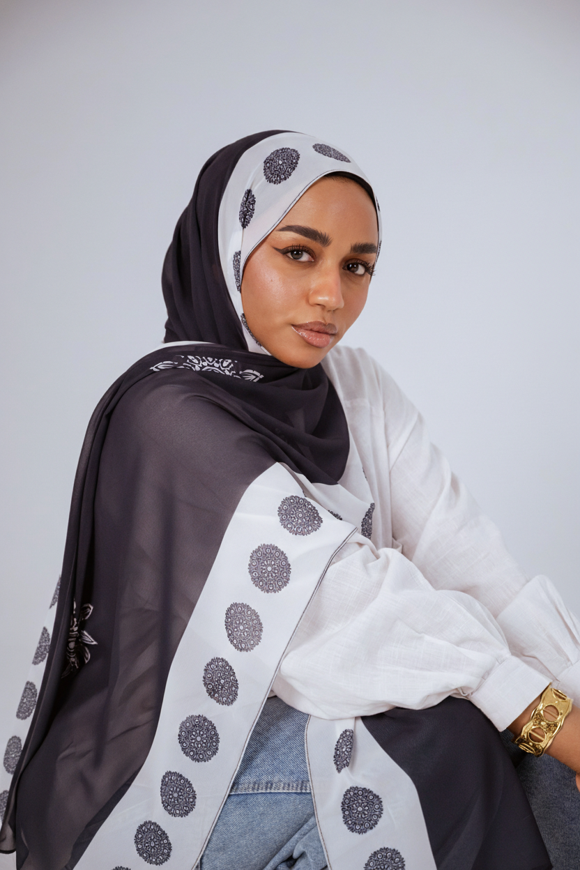 Model wearing the Midnight Mandala chiffon hijab in charcoal and white, front close-up view.