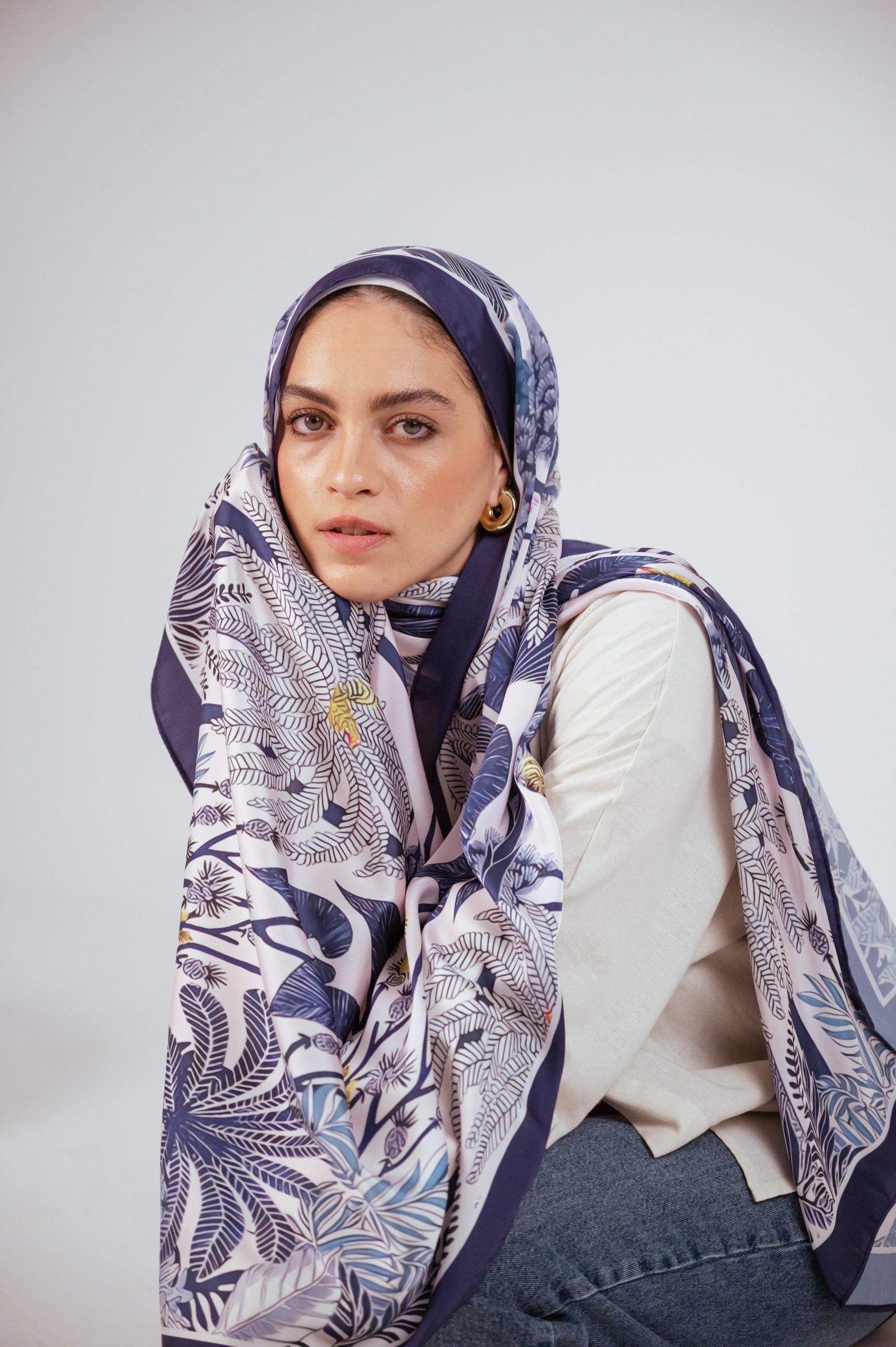 Botanical print of Moonlight Oasis hijab captured up close