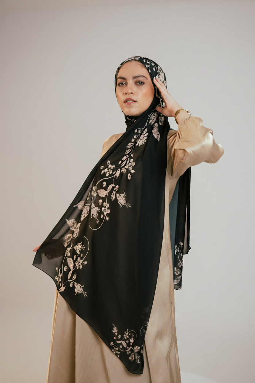 Petal Shadows luxury chiffon hijab styled in a full front pose, highlighting the soft floral print.