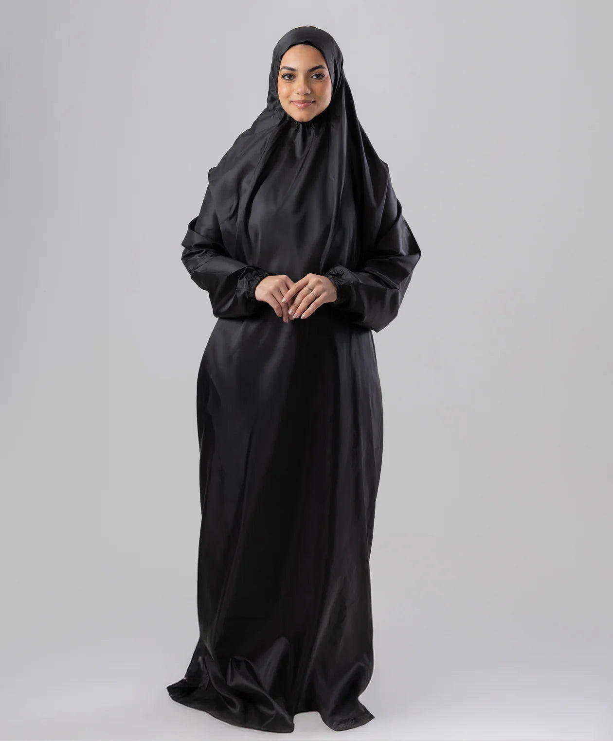 Navy portable prayer isdal worn full length, showing the loose modest drape — JAIDA