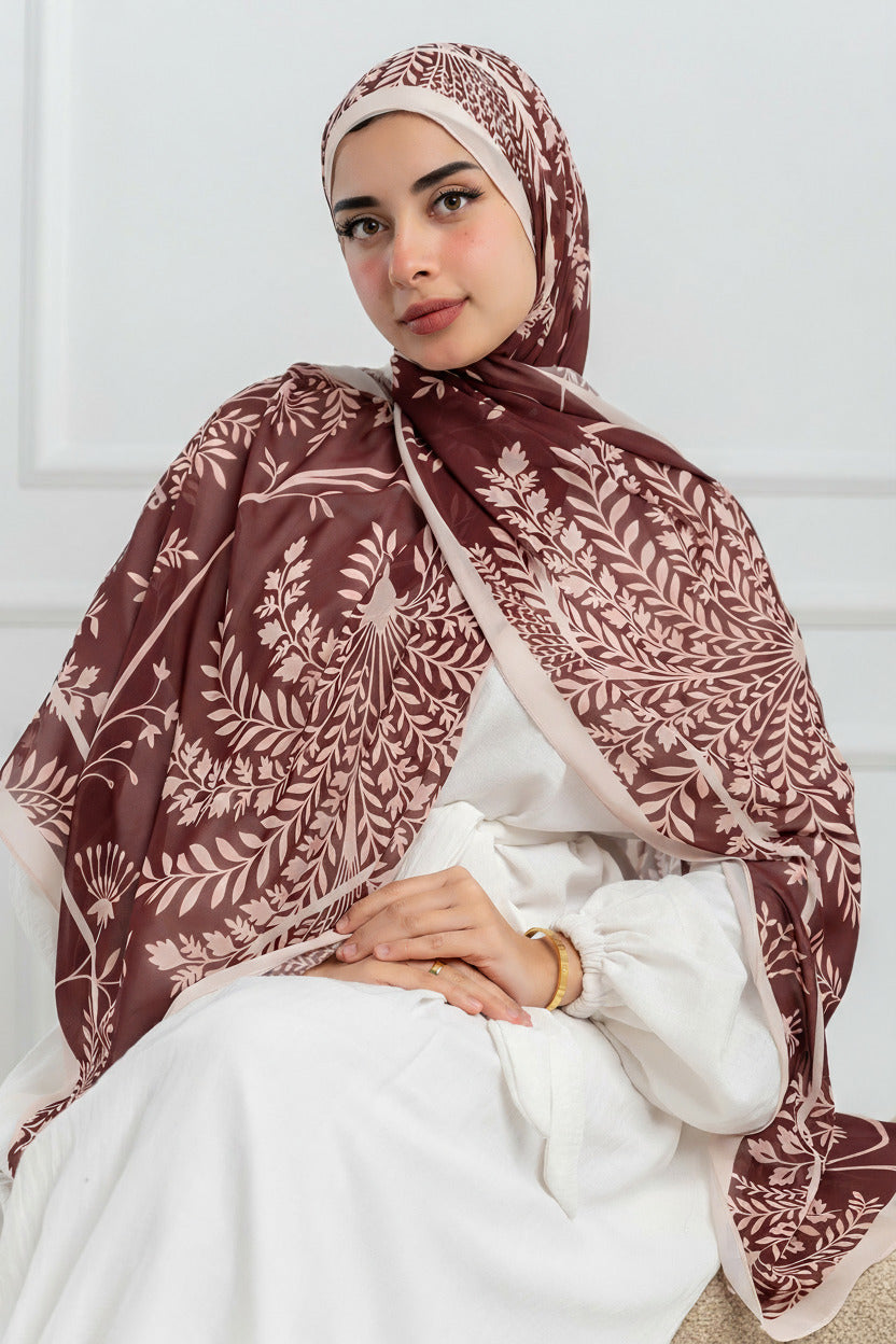 Model wearing Rose of Petra luxury chiffon hijab – front view with rose and blush botanical design