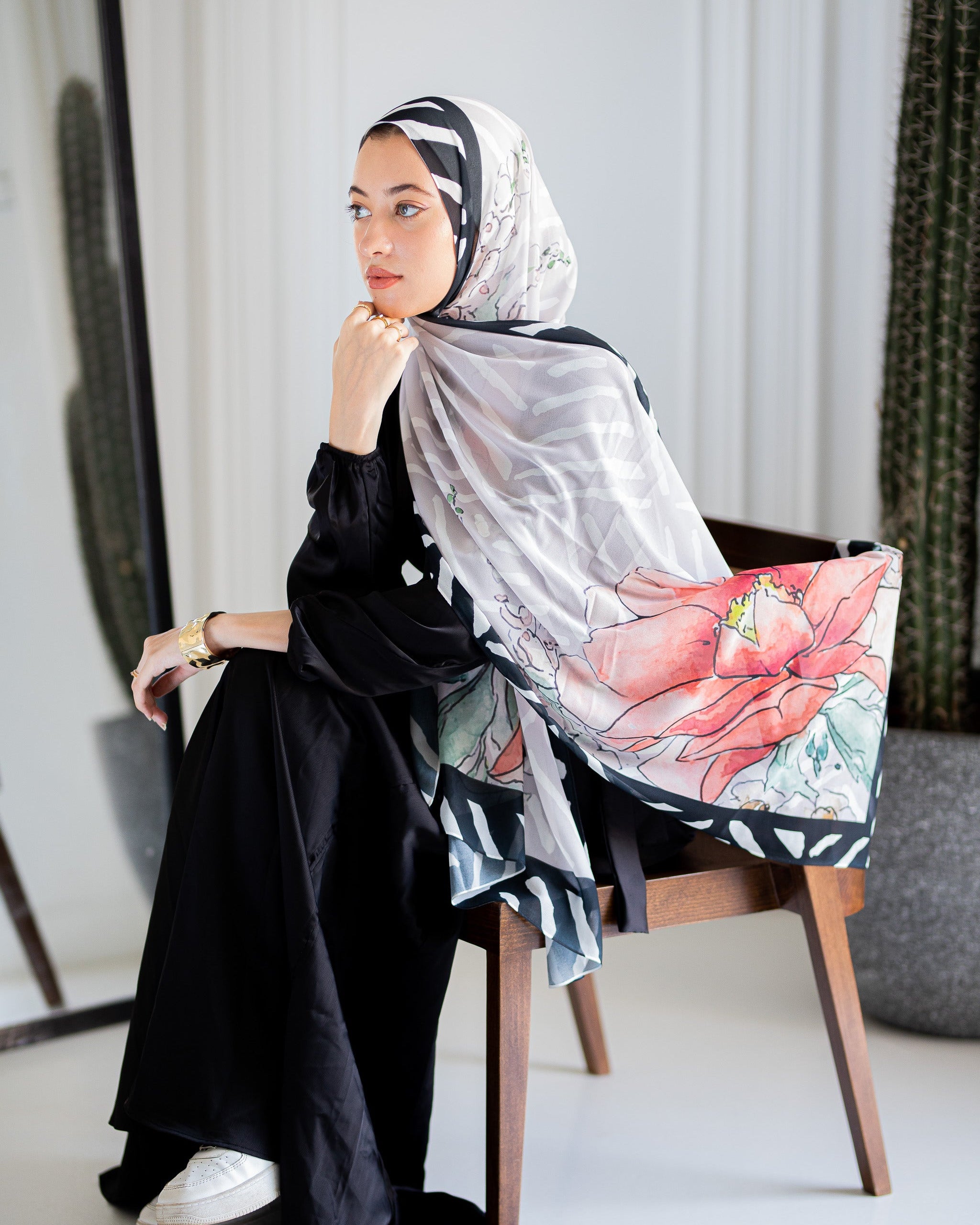 Side View of Roselle Canvas Hijab – Coral Flower and Zebra Stripe Pattern