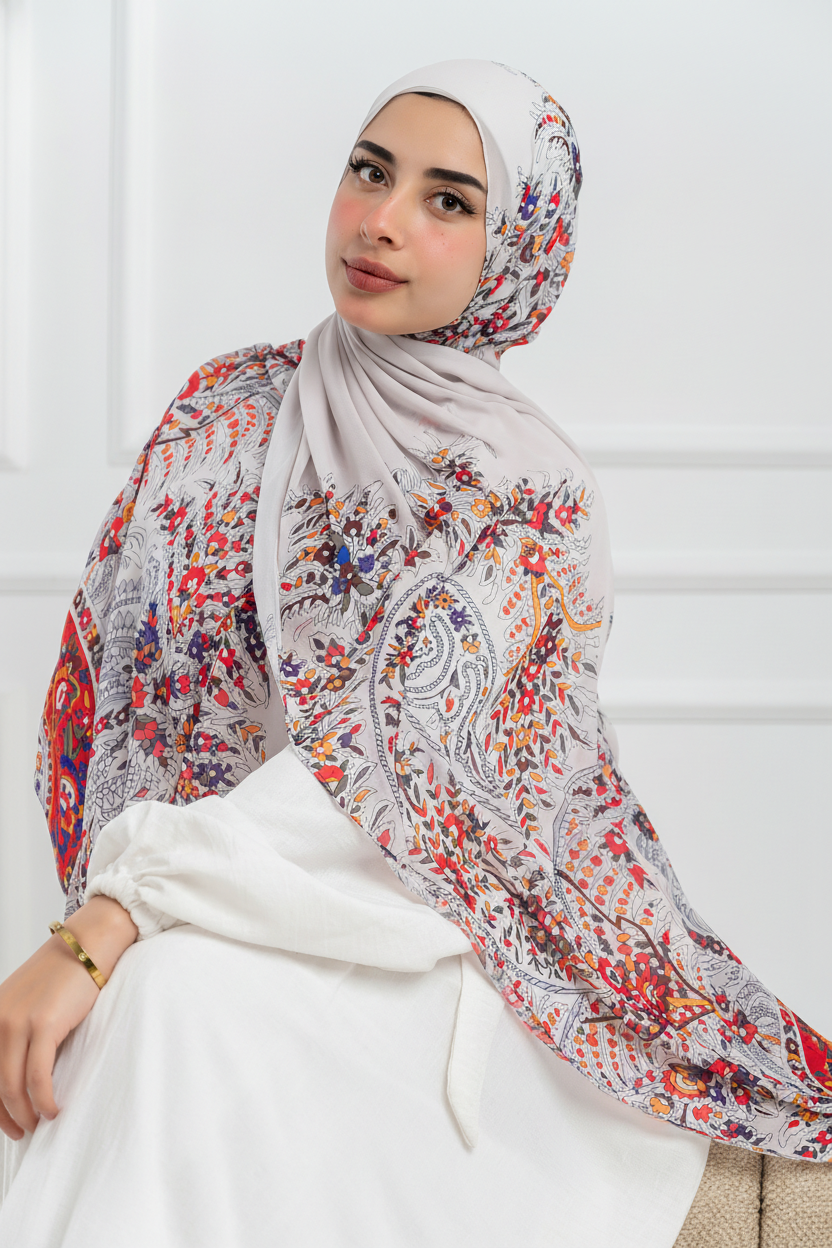 Model wearing Sands of Shiraz chiffon hijab – front view with Persian floral pattern