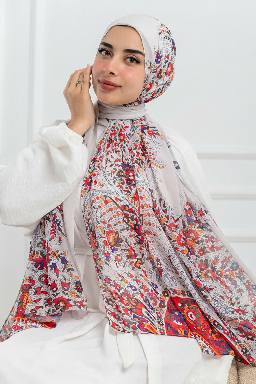 Model wearing Sands of Shiraz chiffon hijab – front view with Persian floral pattern